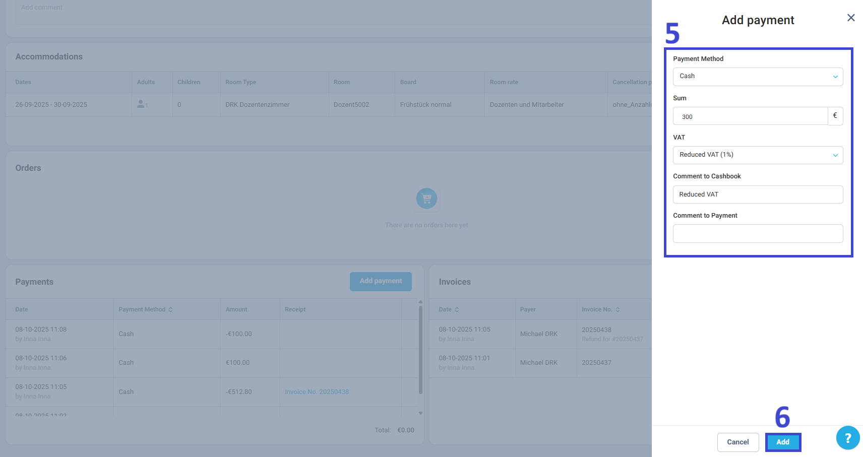 In the window that opens, select the Payment method and VAT, enter the amount, and add a comment if necessary
