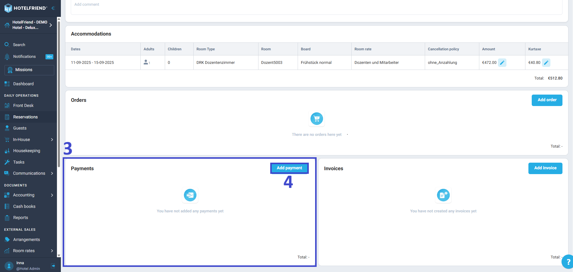 In the Reservation Card, scroll down to the Payment section.