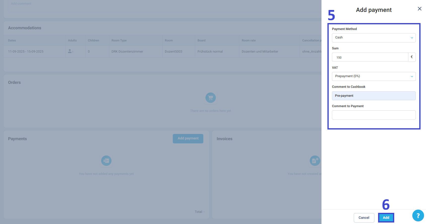 In the window that opens, select the Payment method and VAT, enter the amount, and add a comment if necessary.
