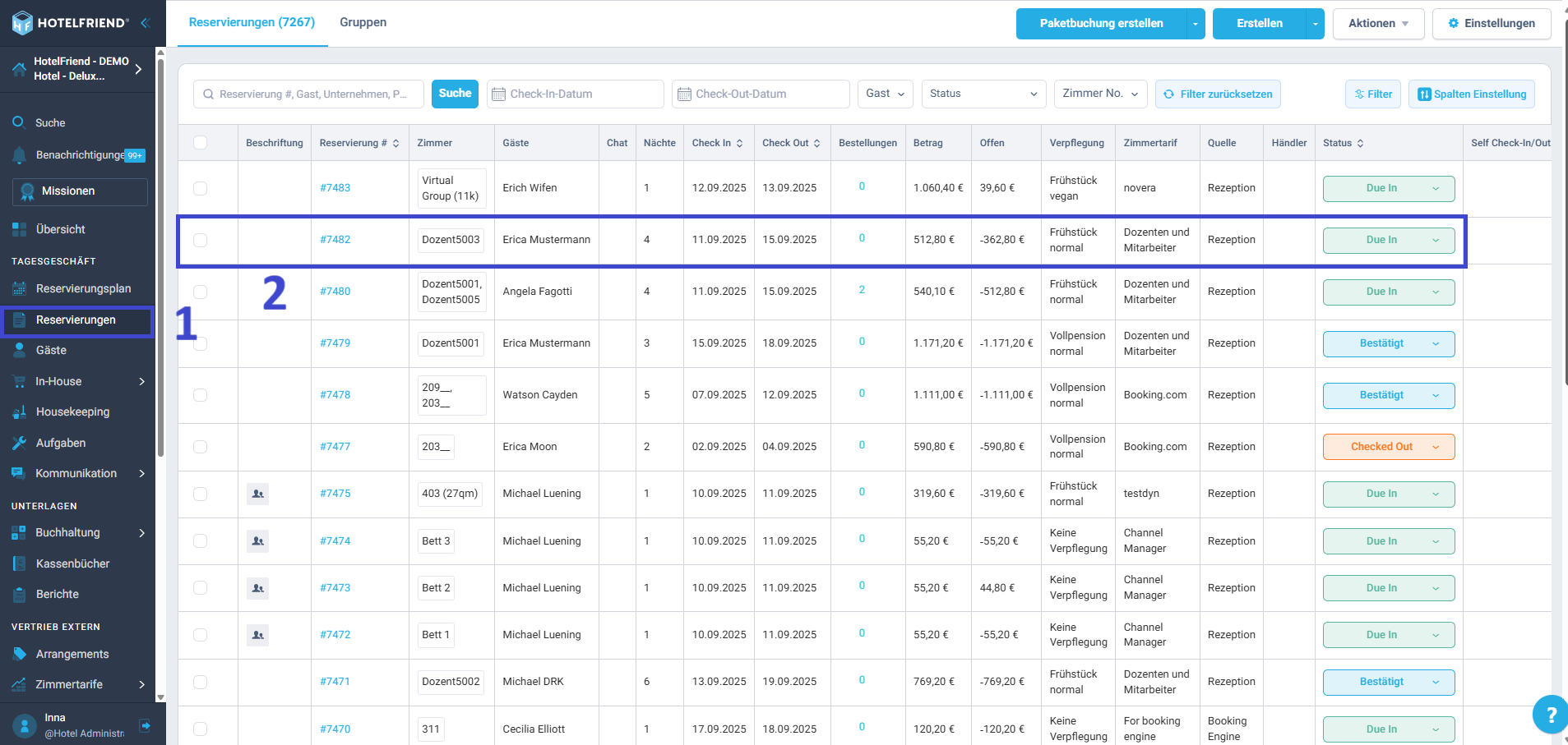 Wählen Sie die Reservierung aus, für die Sie Geld einzahlen möchten.