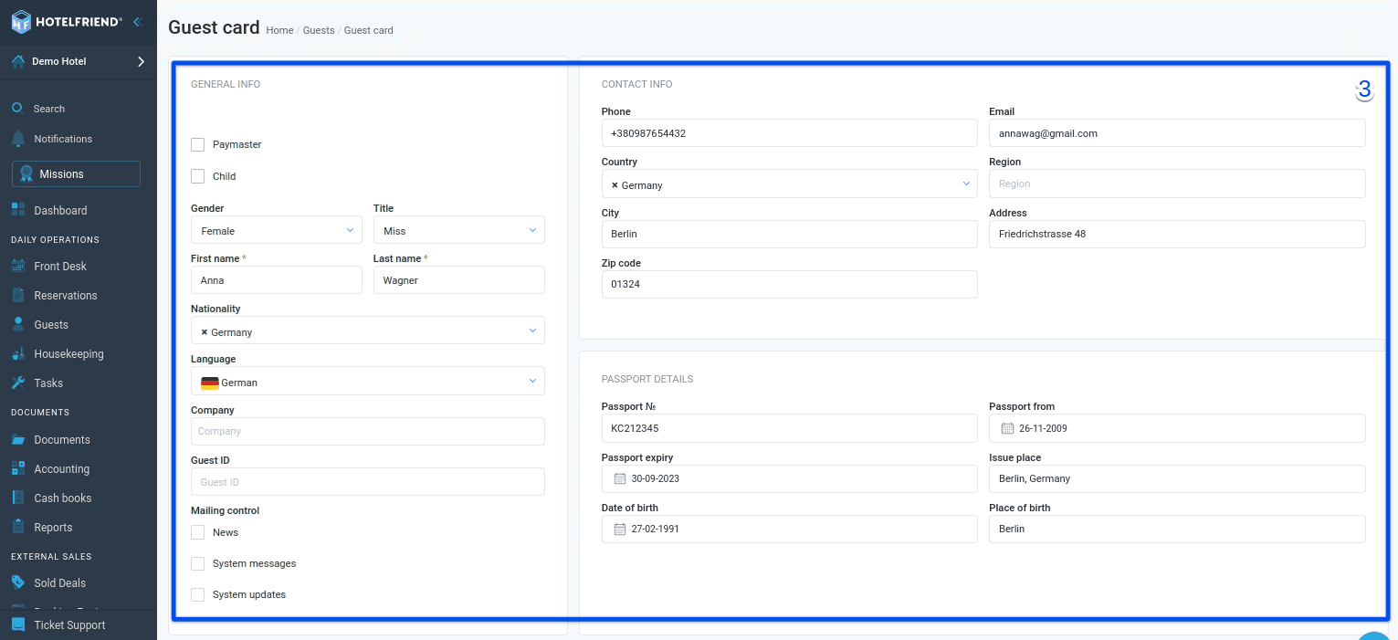Fill in the required information about the guest in the opened window. Optionally, leave comments for reference.