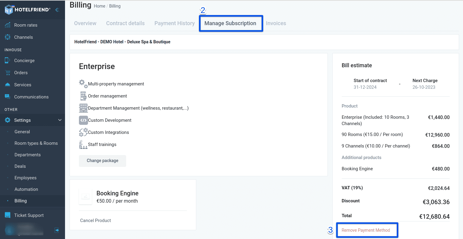 In Billing, select the Manage subscription tab.
